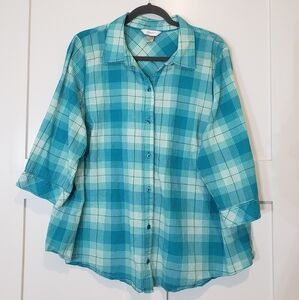 CJ Banks Plaid Button Down Up Shirt 100% Cotton Blue Green White Size 2X…